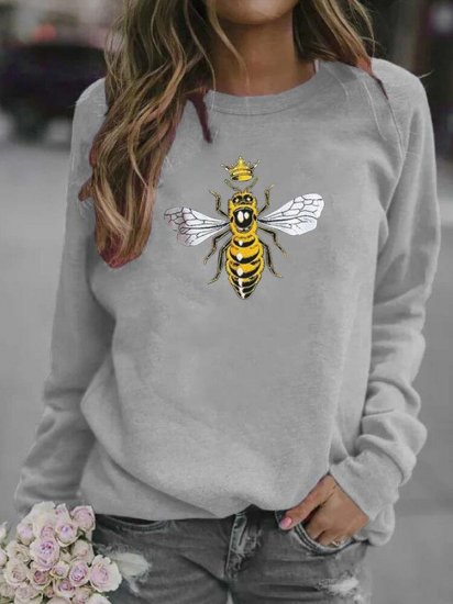 Cartoon Bee Printed O-neck Long Sleeve Sweatshirt - Click Image to Close
