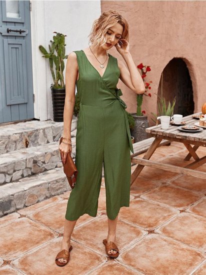 V-neck Lace-up Solid Color Sleeveless Casual Cropped Trousers Jumpsuit For Women - Click Image to Close