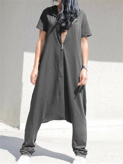 Casual Drop-crotch Zipper Hooded Jumpsuit - Click Image to Close
